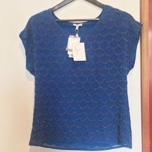 NWT Joie ‘Chenille’ Beaded Blue Silk Top